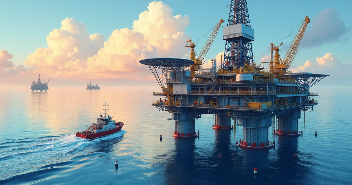 Plataforma offshore sob o nascer do sol, com rig, barco de abastecimento e céu colorido ao fundo.