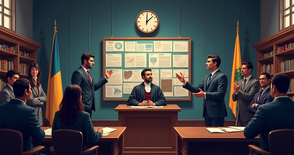 Cena detalhada do tribunal com juiz, advogado e jurados em um ambiente legal profissional.
