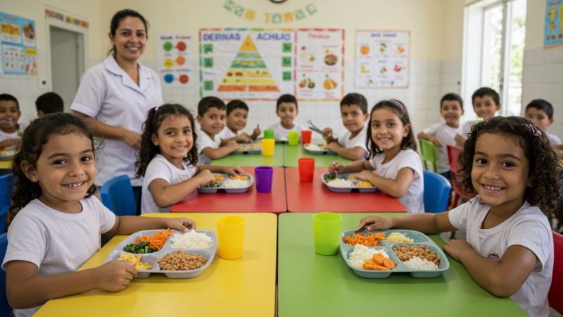 Crianças e professor cuidando de horta escolar no pátio da escola, com vegetais e frutas frescas