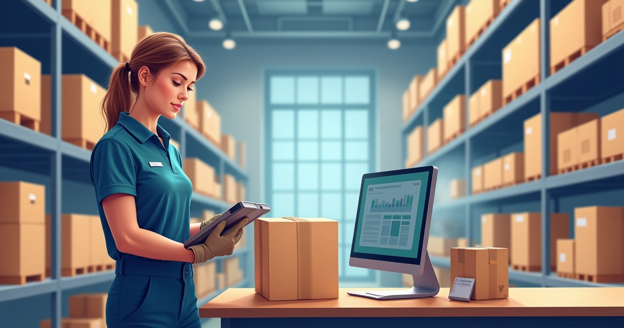 Auxiliar de logística manuseando caixas em ambiente de estoque moderno com computador e scanner
