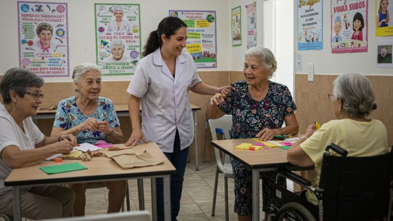 Três cuidadores auxiliando pessoas em diferentes ambientes, representando cuidador social, cuidador de idosos e cuidador domiciliar