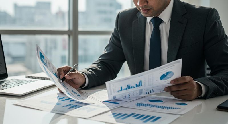 Profissional analisando gráficos financeiros e documentos contábeis em escritório moderno