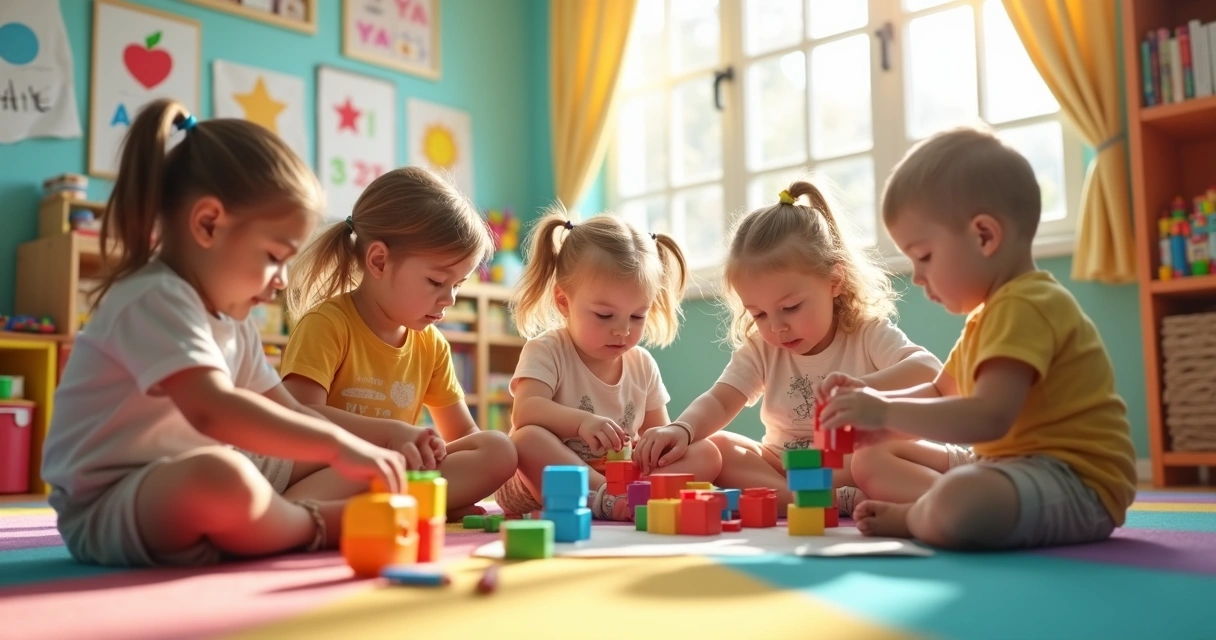 Crianças pequenas brincando com blocos coloridos em sala de aula iluminada e acolhedora