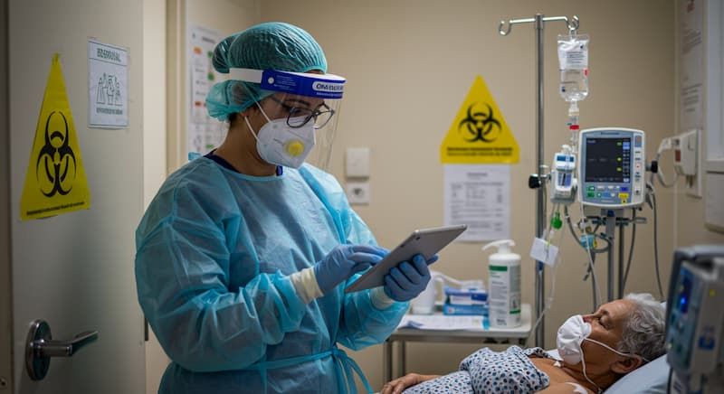 Enfermeiros em ambiente hospitalar cuidando de paciente com doença infecciosa