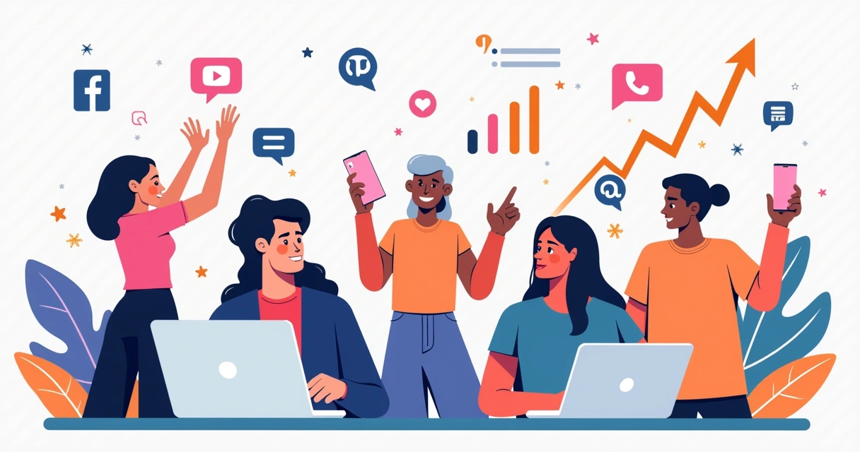 Colagem digital mostrando influenciadores digitais criando conteúdo e gráficos de crescimento ao fundo