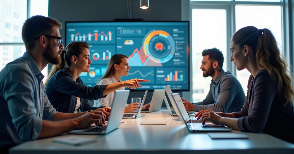 Equipe de vendas reunida com laptops e gráficos digitais, discutindo estratégias de administração da força de vendas