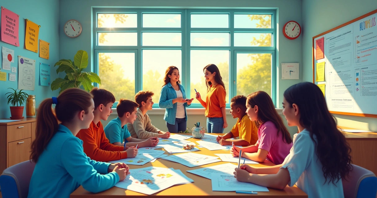Uma sala de aula vibrante com estudantes envolvidos em metodologias ativas e interação em grupo.