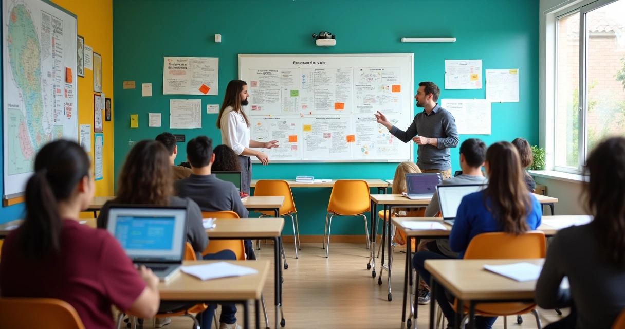 Sala de aula moderna com alunos colaborando e professor explicando estratégias de ensino.