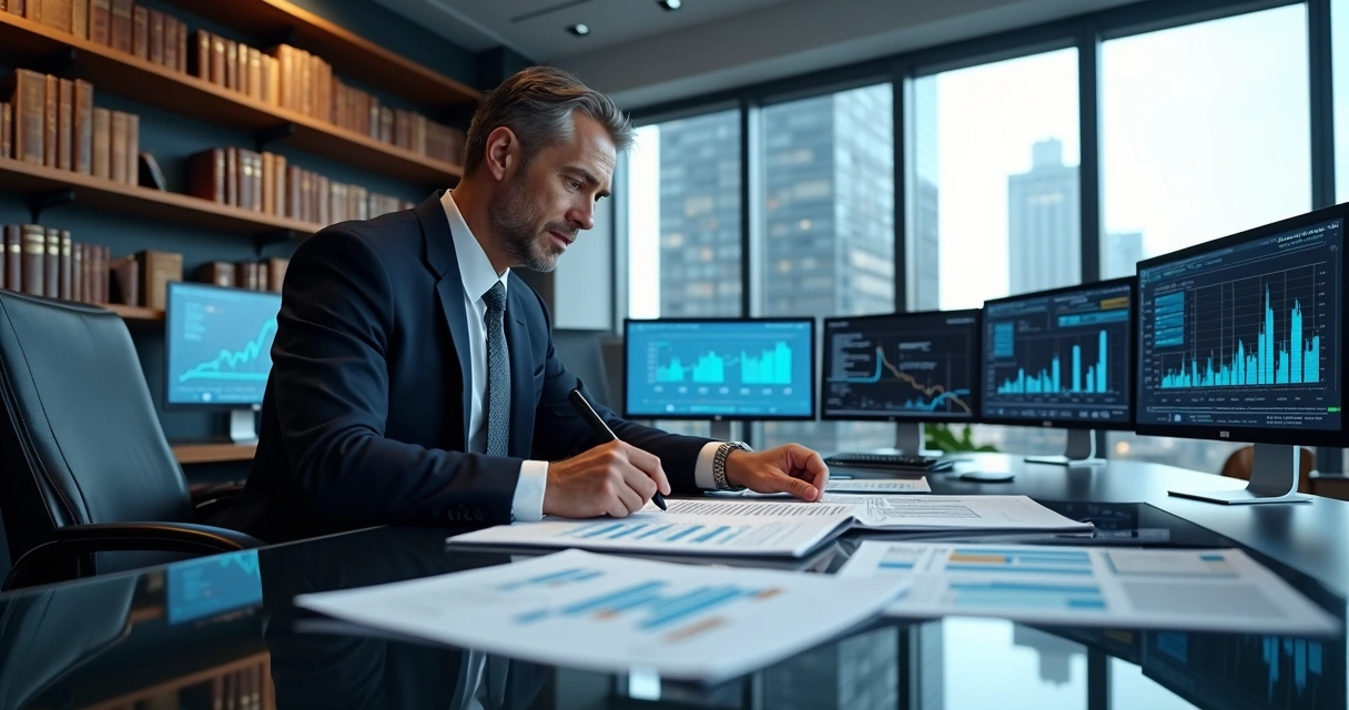 Advogado empresarial analisando documentos jurídicos em escritório moderno com computadores e livros