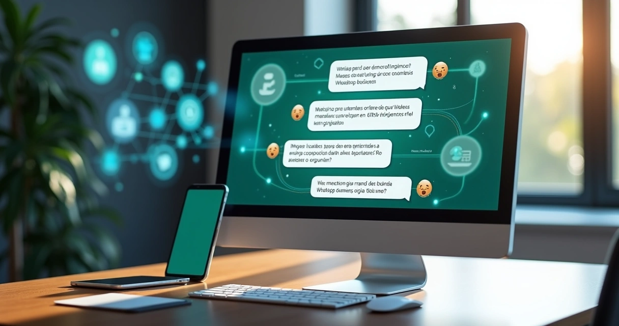 Assistente virtual atendendo clientes via WhatsApp Business em interface moderna de computador