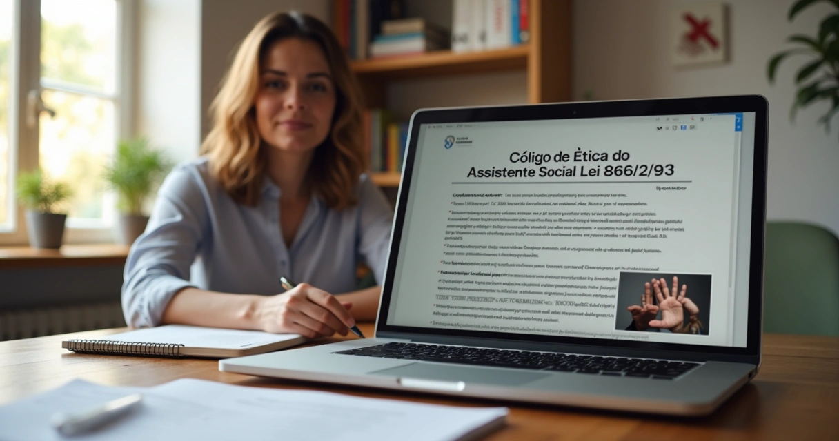 Assistente social estudando código de ética em notebook com material didático online e tradução em Libras