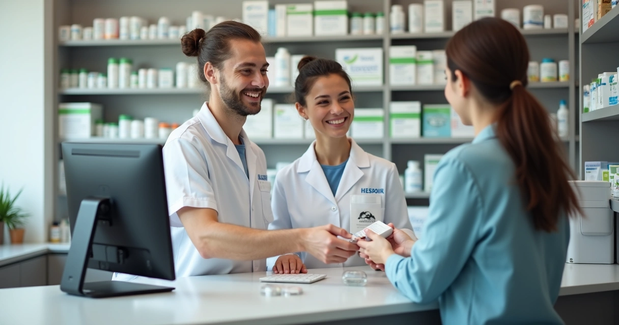 Balconista de farmácia atendendo cliente e organizando estoque com prateleiras de medicamentos ao fundo