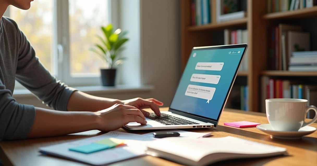 Pessoa estudando com laptop aberto mostrando ChatGPT, cenário iluminado com post-its e cadernos organizados para estudo personalizado