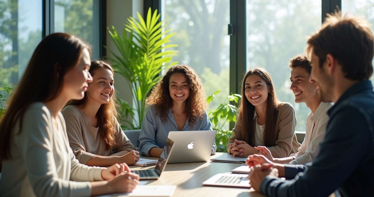 Equipe de profissionais reunida em ambiente de trabalho moderno discutindo ideias com sorrisos e interação positiva