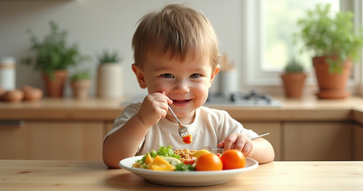 Criança pequena comendo uma refeição colorida e saudável em uma mesa de madeira clara