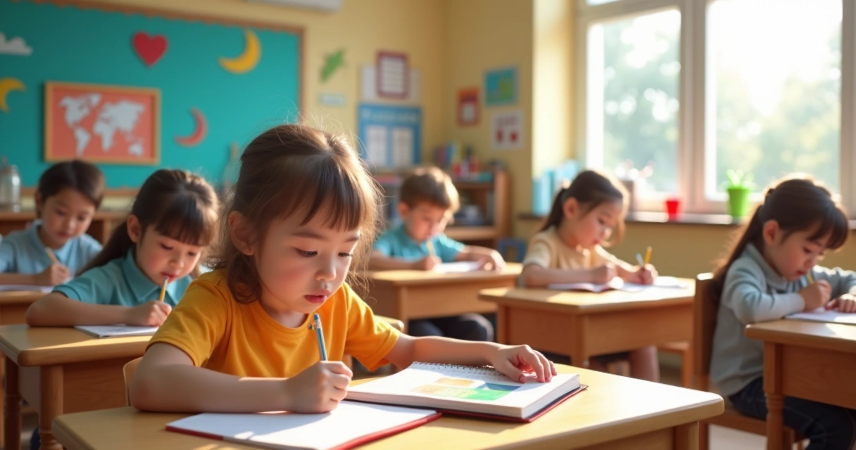 Crianças do 1º ano do ensino fundamental em sala de aula estudando leitura e escrita com livros e cadernos