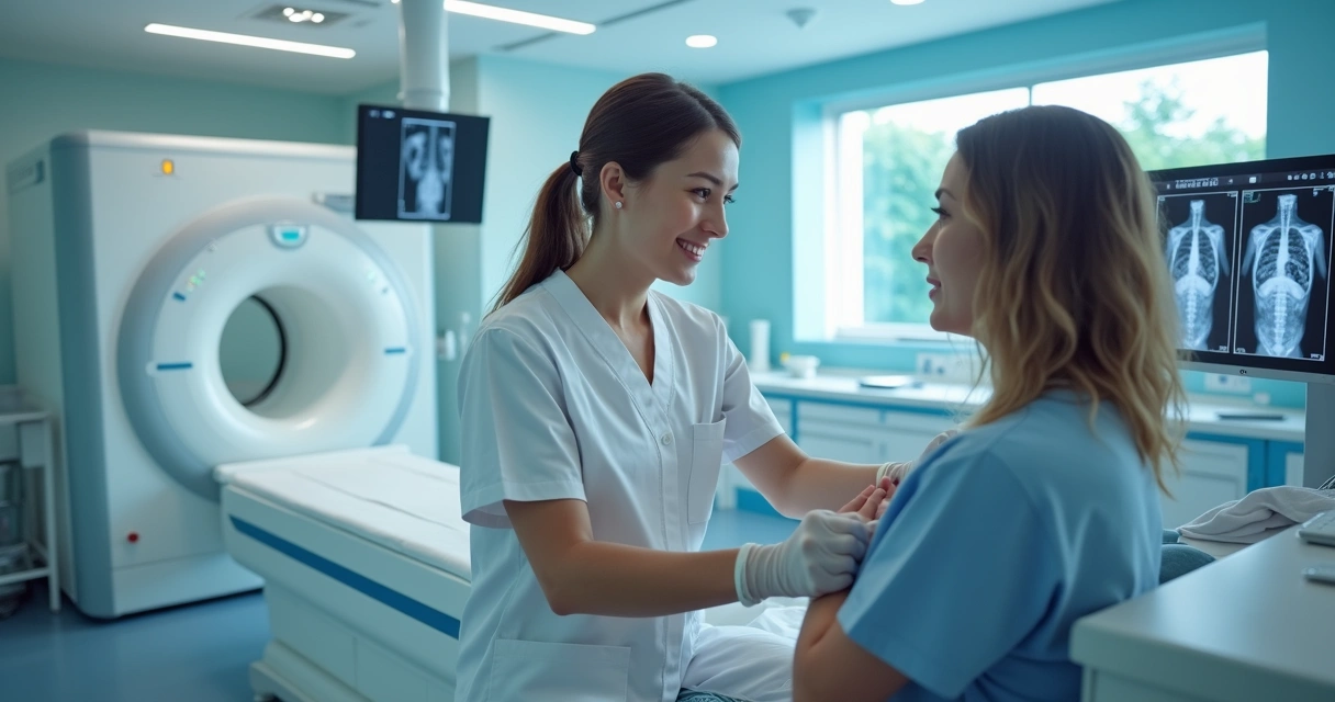 Enfermeira preparando paciente para exame de imagem com equipamento de radiologia ao fundo