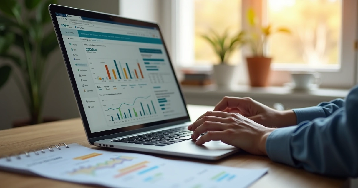 Pessoa digitando em notebook com anotações de SEO e gráficos em segundo plano