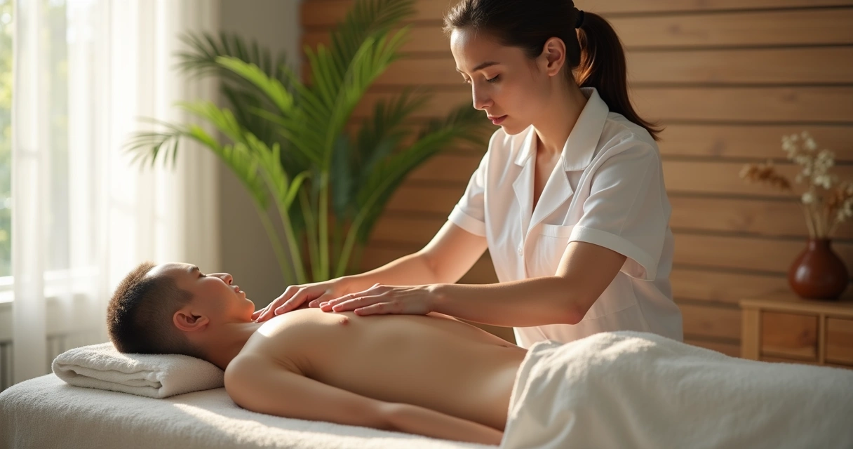 Terapeuta aplicando massagem terapêutica em ombro de paciente deitado em ambiente tranquilo