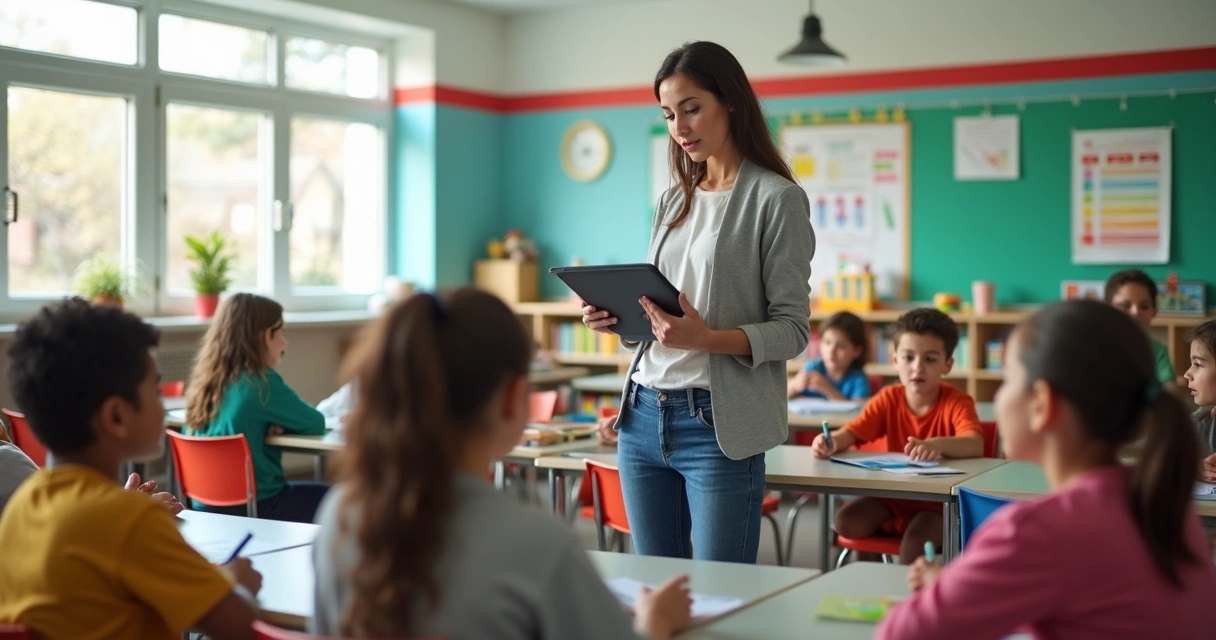 Monitor escolar auxiliando alunos em sala de aula com material didático