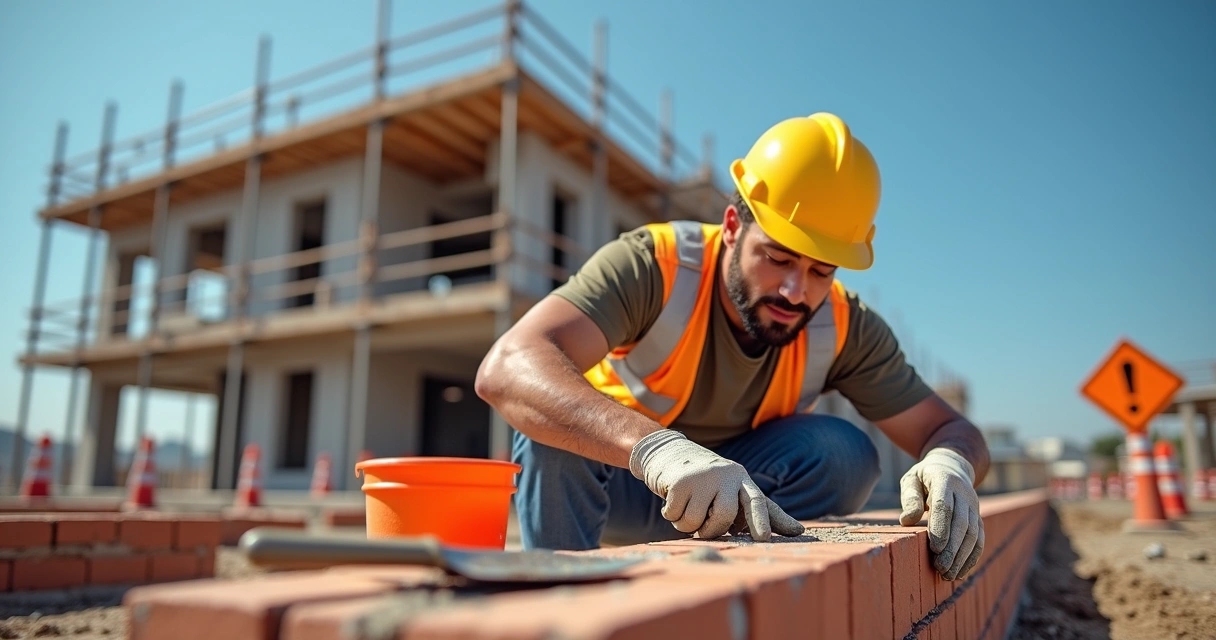 Pedreiro trabalhando em alvenaria de parede durante obra de construção civil