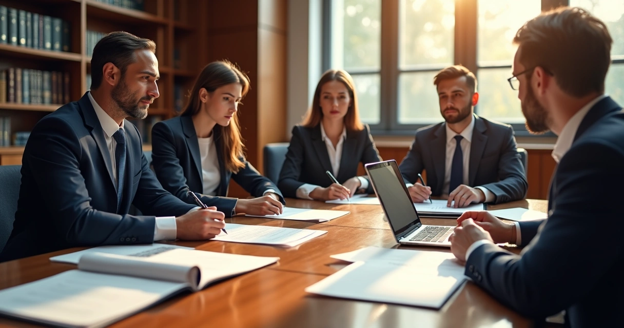 Mesa de reunião com documentos oficiais sobre processo administrativo disciplinar e pessoas discutindo em ambiente corporativo