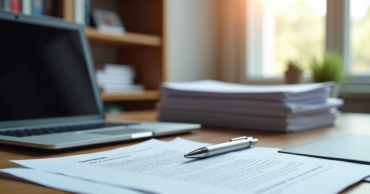 Mesa de escritório com documentos legais, computador e caneta, ambiente moderno e iluminado