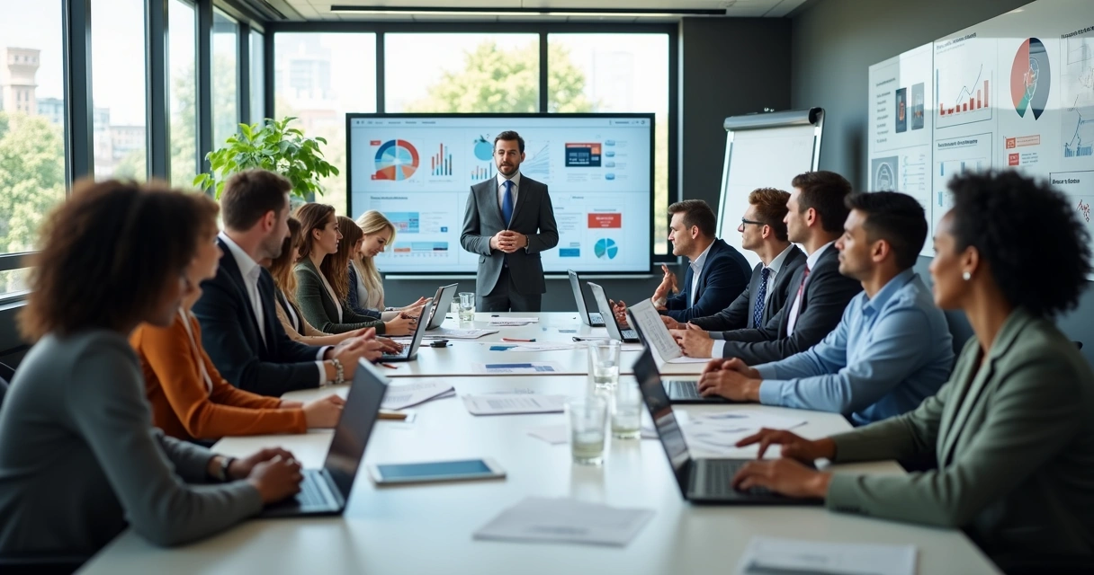Equipe diversa em reunião empresarial discutindo comunicação em ambiente corporativo moderno