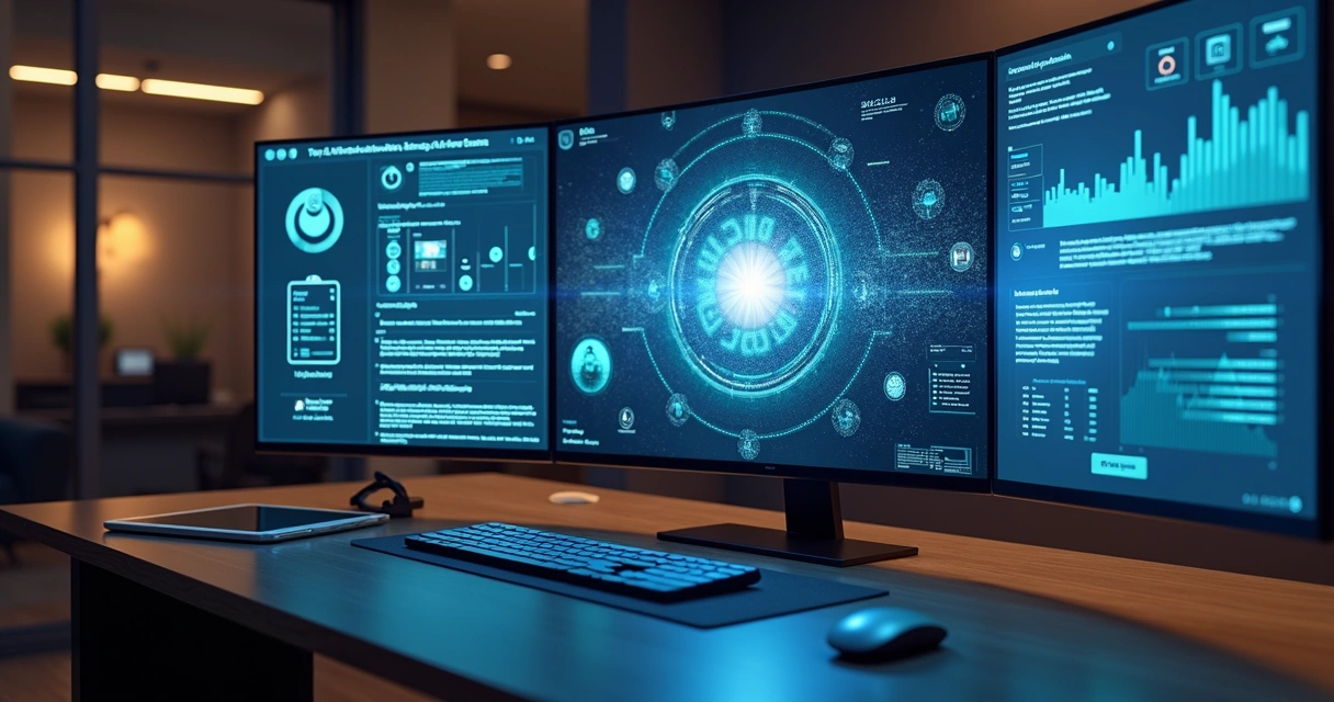 Tela de computador mostrando interface de criação de vídeos por inteligência artificial com prompts detalhados e gráficos ao redor