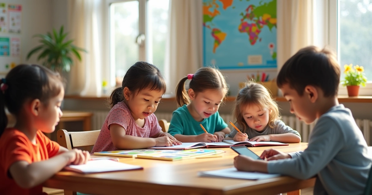 Crianças do 2º ano do ensino fundamental estudando juntas com livros e tablets em sala de aula iluminada