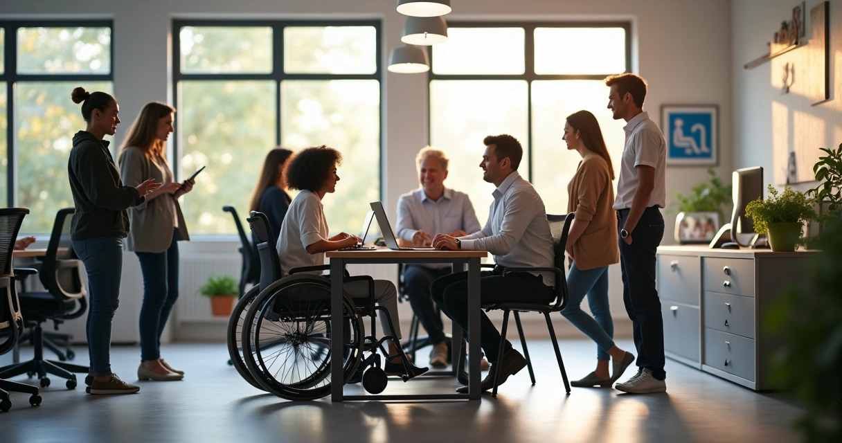 Equipe diversa em ambiente de trabalho moderno com pessoas em cadeira de rodas e colegas em grupo colaborando