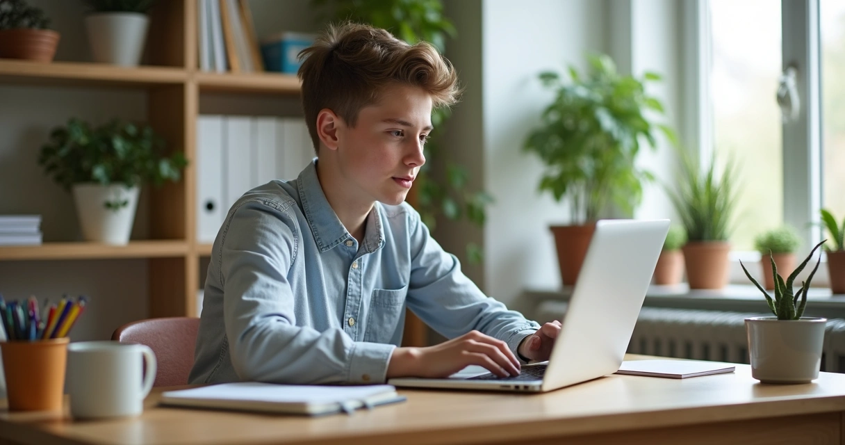 Estudante sentado em mesa com computador estudando cursos online, ambiente iluminado e organizado