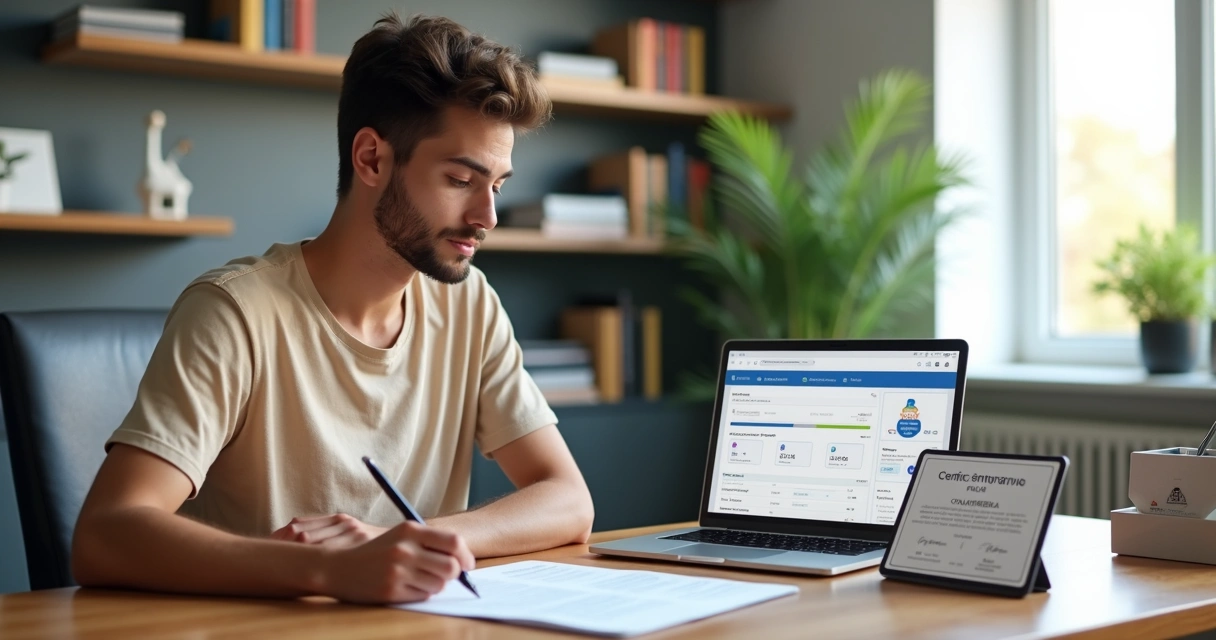Estudante acessando curso online em notebook com certificado digital ao lado