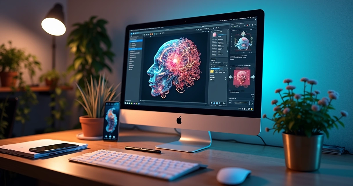 Computador moderno exibindo criação de imagens geradas por IA com interface gráfica detalhada, ao lado de anotações e dispositivos digitais em mesa de trabalho minimalista