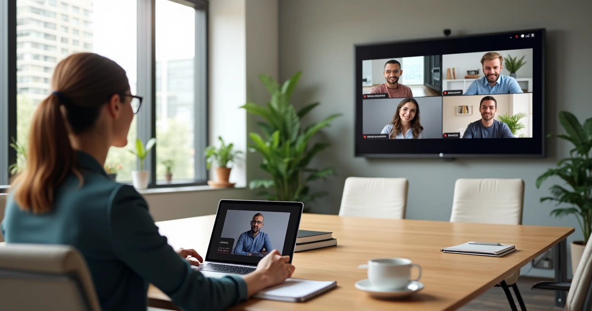 Sala moderna com mediador conduzindo mediação de conflitos por videoconferência com participantes atentos em ambiente profissional