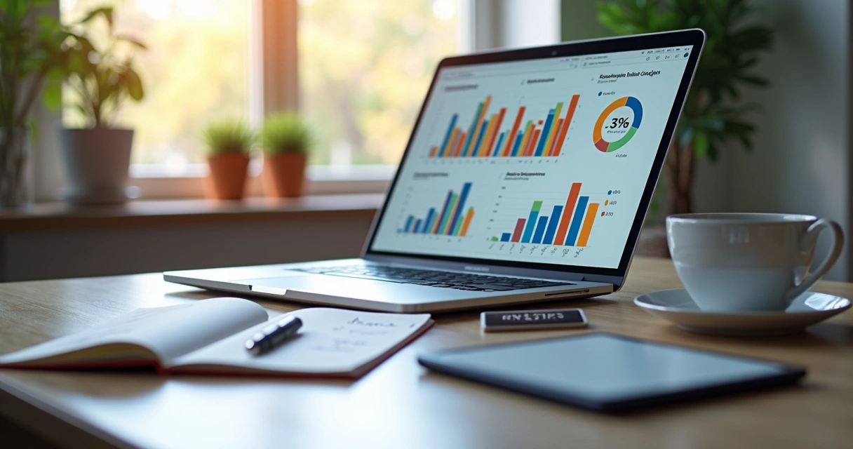Mesa de trabalho com notebook aberto exibindo gráficos de análise de mercado, cadernos, caneta e smartphone ao lado em ambiente de escritório moderno