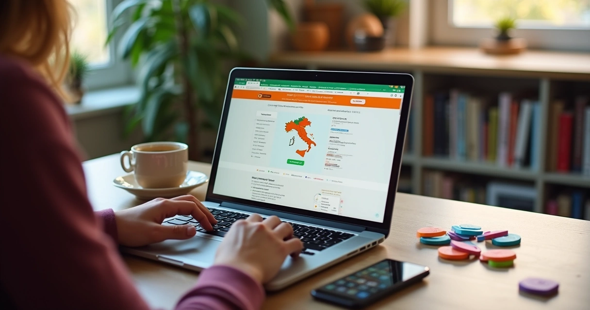 Pessoa estudando italiano online com laptop e material didático digital na mesa