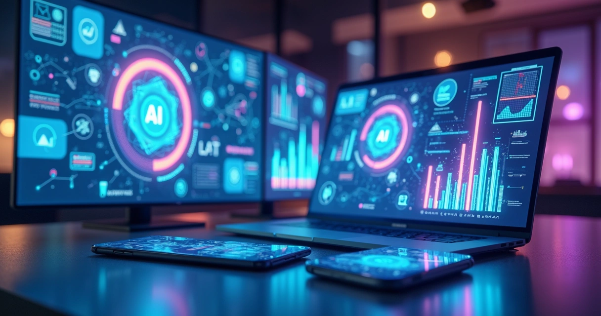 Interface digital com gráficos, dados e ícones de inteligência artificial aplicados ao marketing
