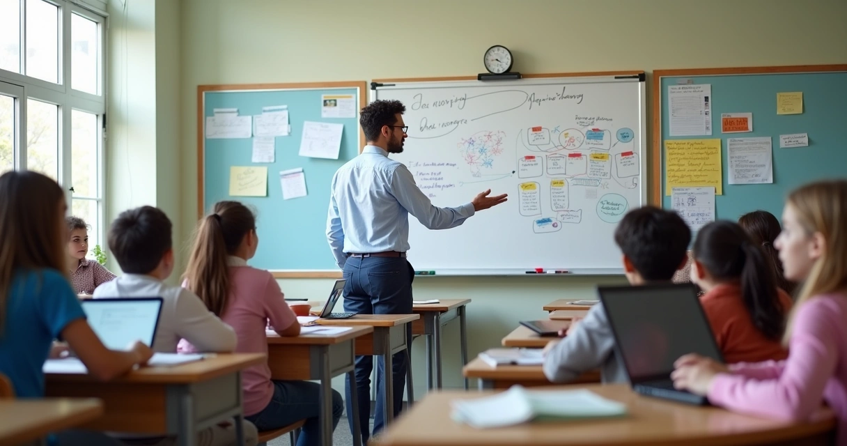 Professor explicando conteúdo para alunos em sala de aula moderna e iluminada com quadro branco e materiais didáticos