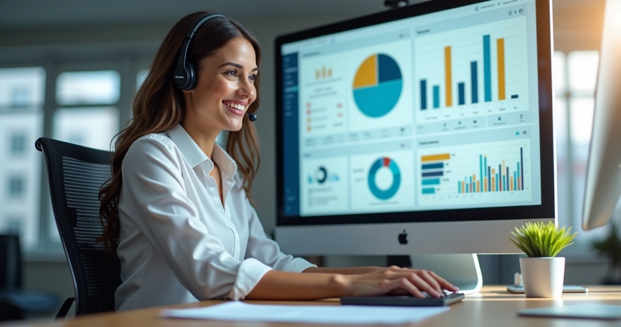 Profissional atendendo cliente com sorriso, usando computador e headset em ambiente moderno e iluminado