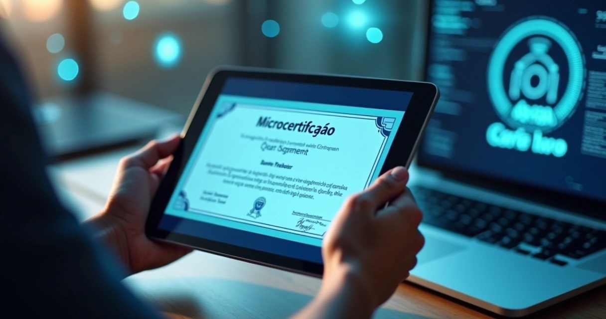 Pessoa segurando certificado digital de microcertificação com fundo de elementos tecnológicos