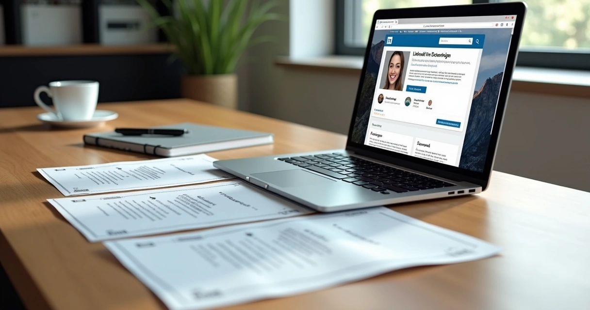 Mesa com laptop aberto mostrando perfil do LinkedIn e certificados digitais ao lado
