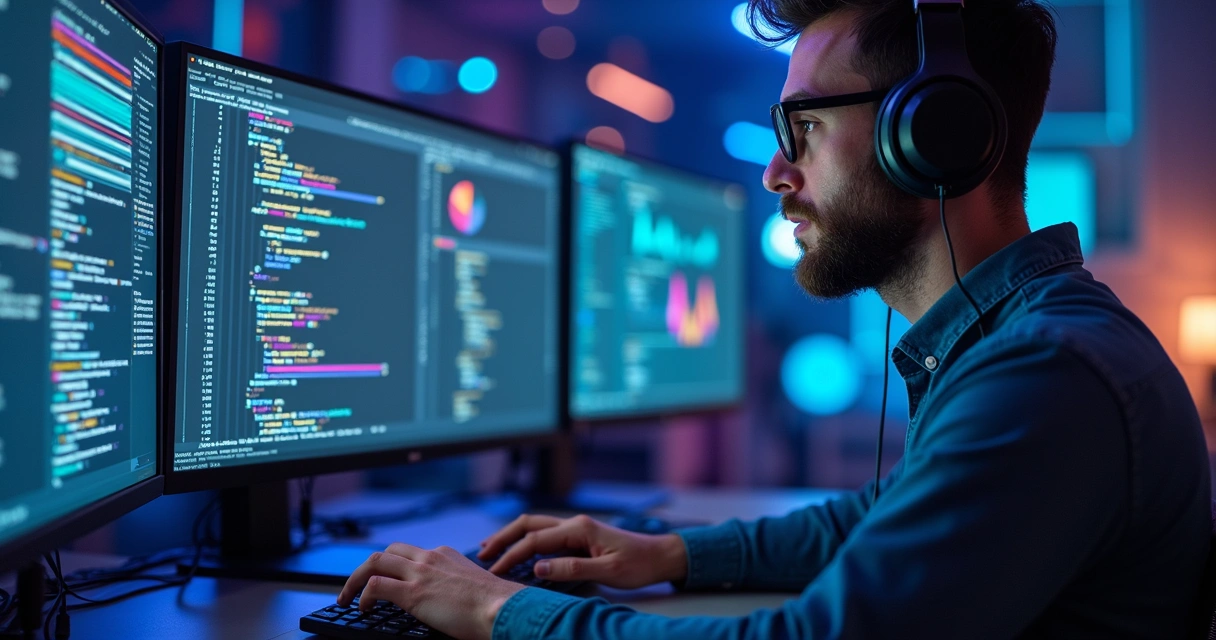 Desenvolvedor programando código com inteligência artificial em tela de computador ultramoderna, ambiente tecnológico detalhado com gráficos e fluxos de dados digitais