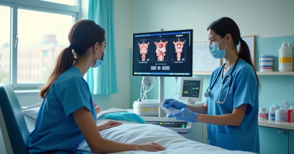 Enfermeira em uniforme azul atuando no cuidado de paciente em ambiente hospitalar de urologia, com equipamentos médicos ao fundo