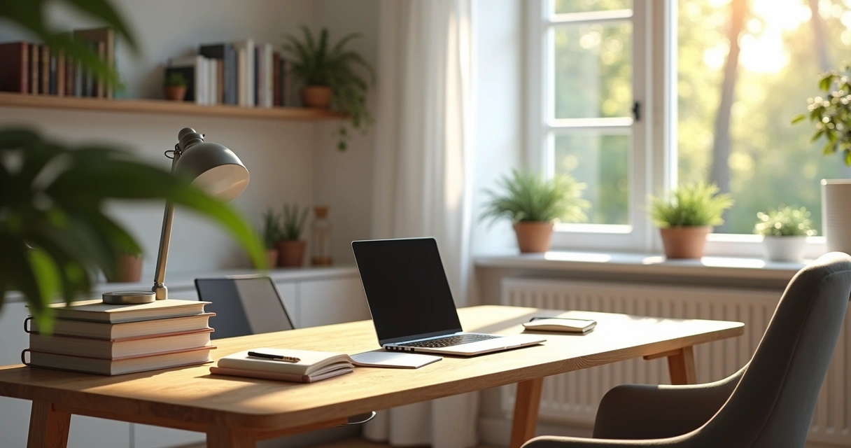 Espaço de estudos organizado em casa com mesa, cadeira ergonômica, laptop, cadernos e iluminação natural