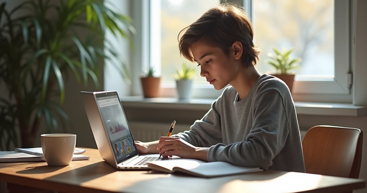 Jovem estudando curso online em casa no computador com anotações e café na mesa