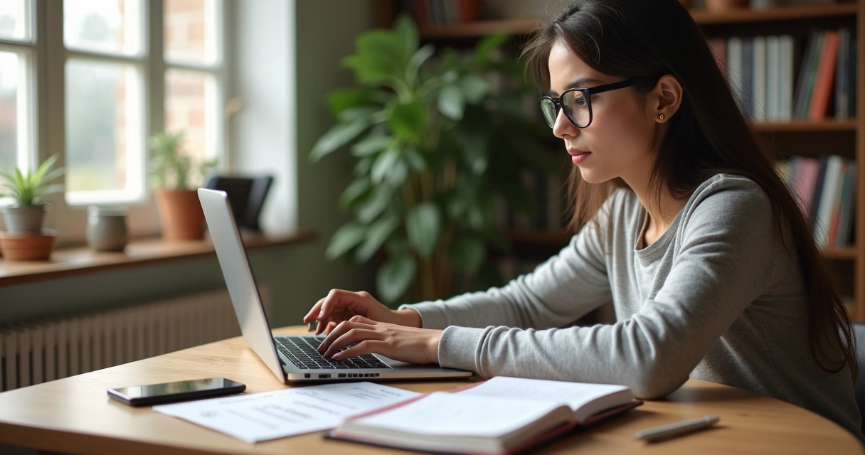 Estudante sentado à mesa estudando em computador portátil com material didático ao lado