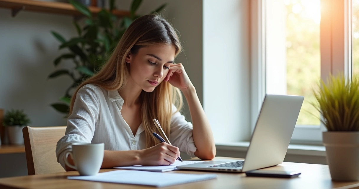 Mulher estudando com laptop e anotações em mesa organizada para cursos online de recolocação profissional