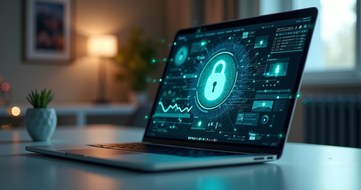 Computador aberto mostrando tela de segurança de dados com cadeado digital e elementos de proteção de informações pessoais