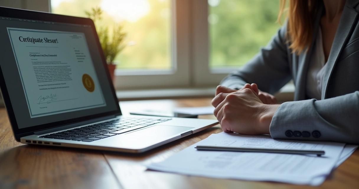 Pessoa conferindo certificado digital no notebook com documentos e caneta ao lado